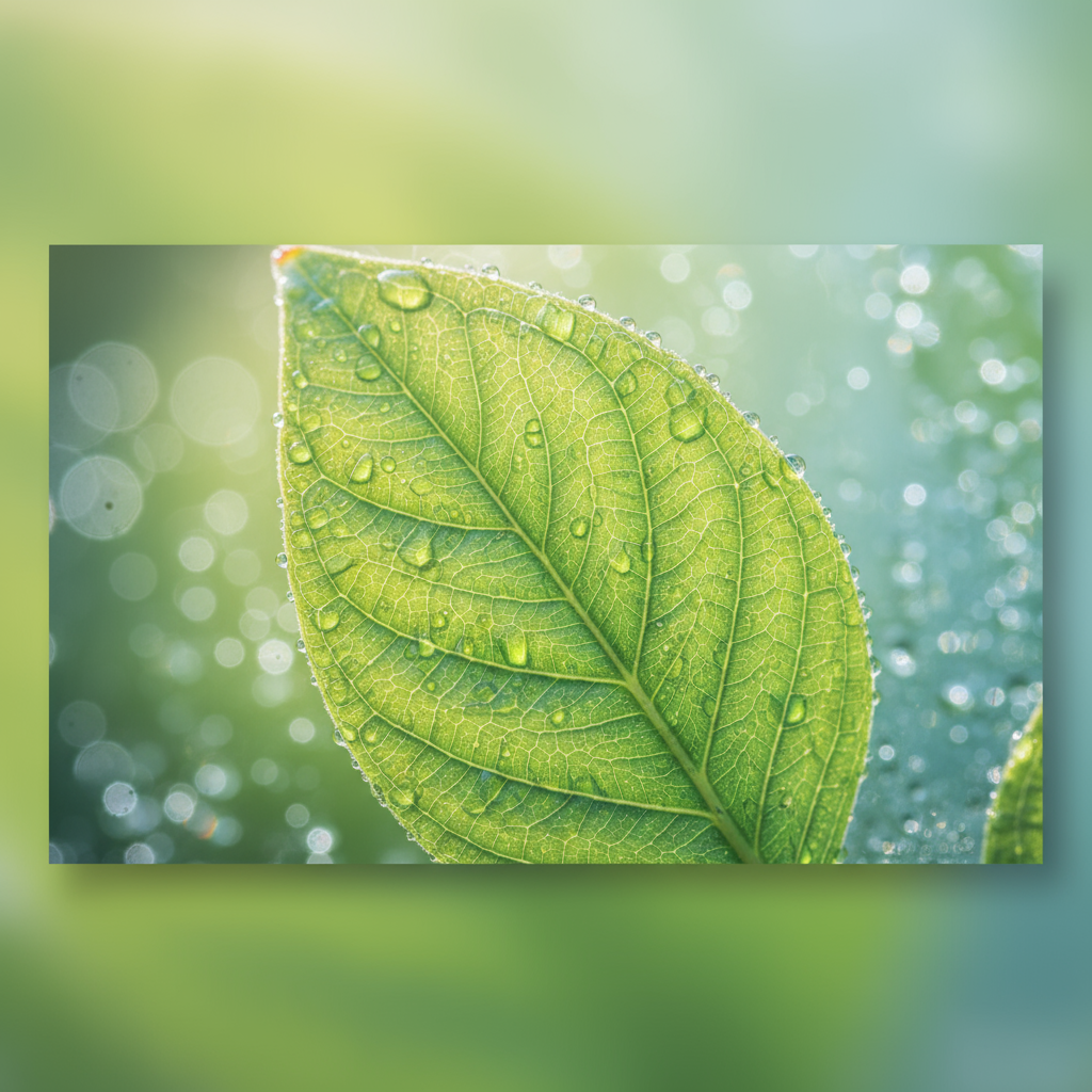 Foglia verde fresca Mavyeda con gocce di rugiada